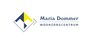 Logo van woonzorgcentrum Maria Dommer met een abstract beeldmerk in blauw en geel.